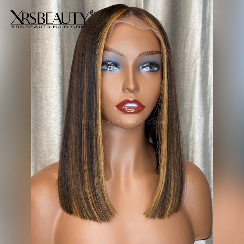 Shoulder Length Caramel Brown Lace Front Bob Wig with Blonde Highlights BOB53