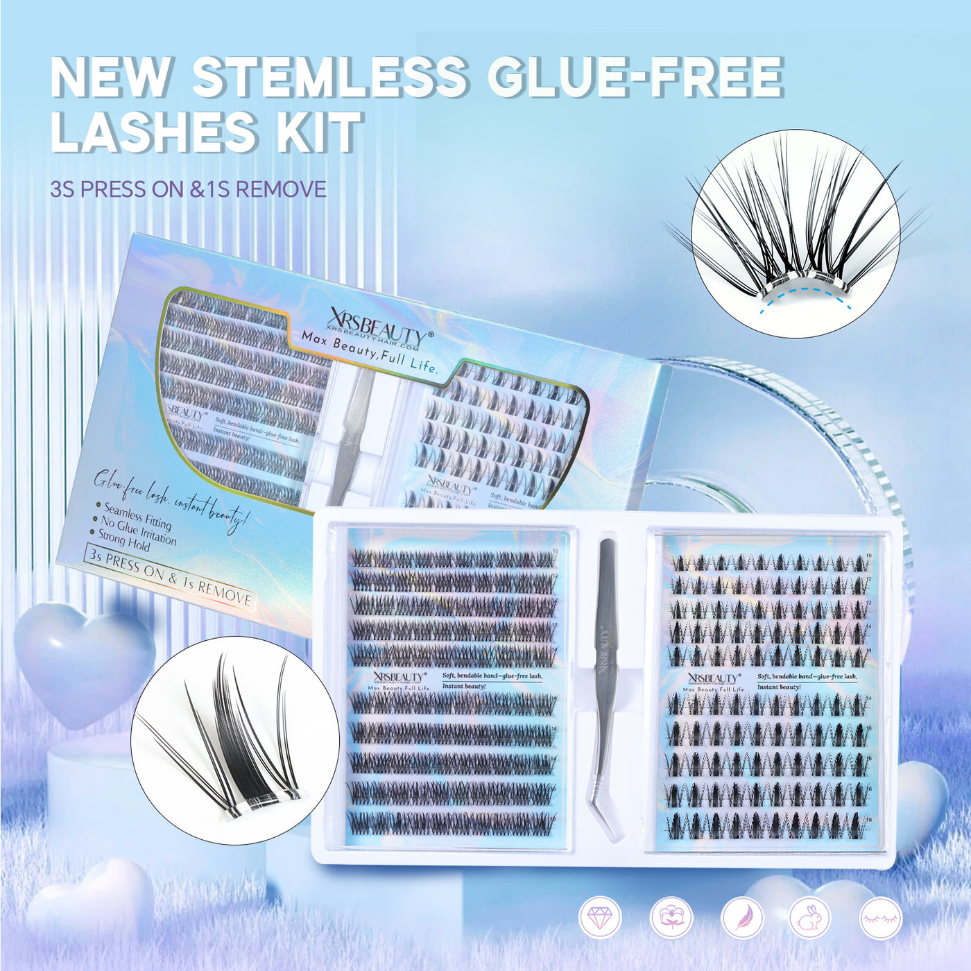 XRSBEAUTY New Stemless Glue-Free Artificial Eyelashes Kit – False Eyelashes