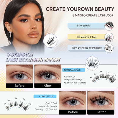 XRSBEAUTY New Stemless Glue-Free Artificial Eyelashes Kit – False Eyelashes