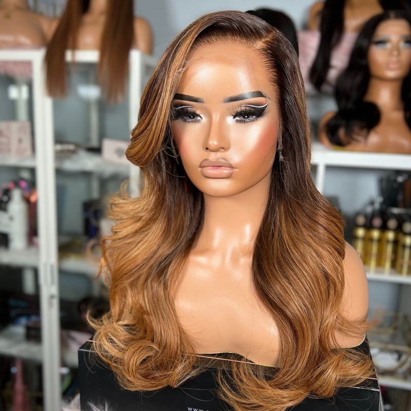 Ombre Honey Brown 13X6 Skinmelt HD Lace Front Wigs Body Wave Skinfit 3D Dome Cap