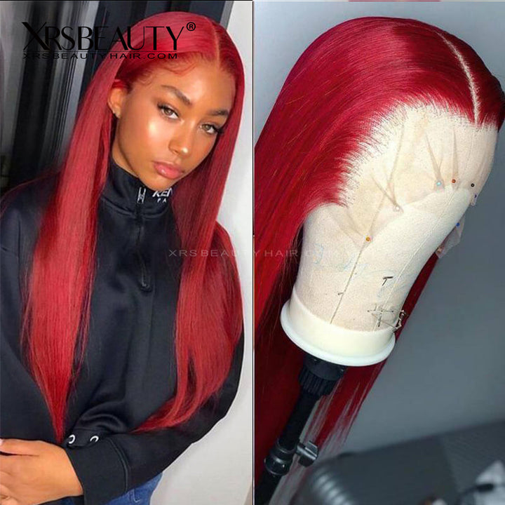 Long Straight Red Lace Front Wig 100% Human Hair Pre Plucked 
