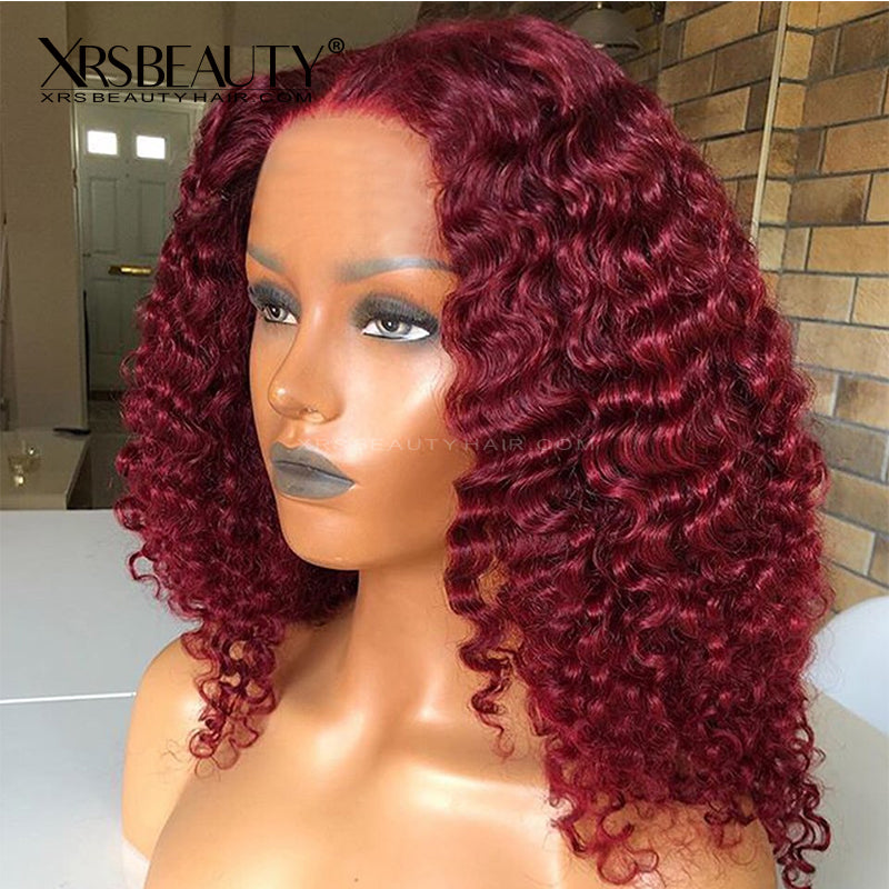Burgundy 99J Tight Curly Lace Human Hair Wig Pre Plucked Natural Hairline [CFW45]