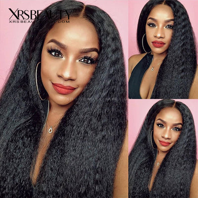 Layered Edge Kinky Straight 13x5 Lace Front Human Hair Wig Pre Plucked Hairline [LFW10]