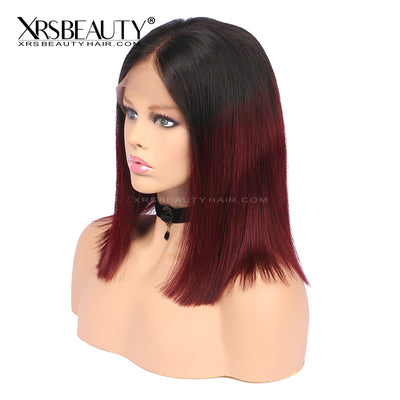 Burgundy Bob Wig With Dark Roots Straight Lace Front 14 inches Human Hair [BOB09]