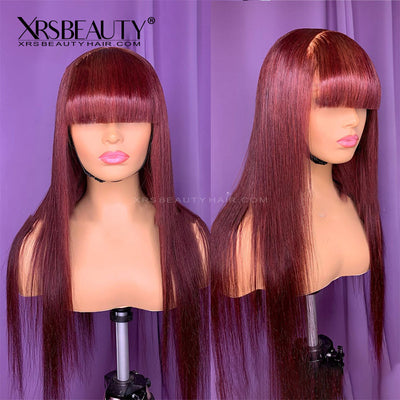 Burgundy Wig with Bangs Long Straight Human Hair 13x4 Lace Front Wig [CFW05]