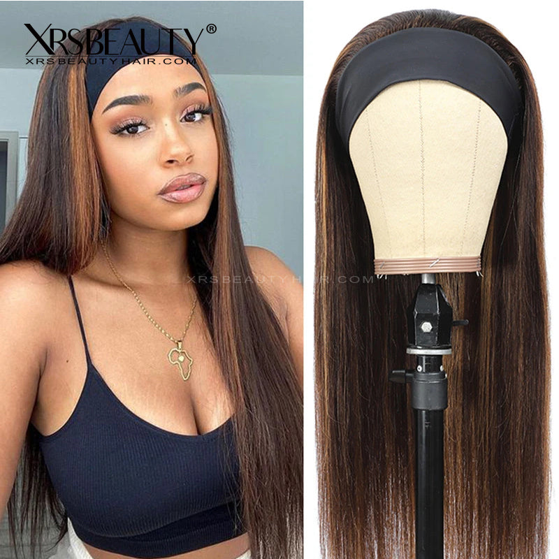 180% Density Straight Black Hair With Brown Highlight Headband Wig Glueless Human Hair Wig Affordable [HBW11]