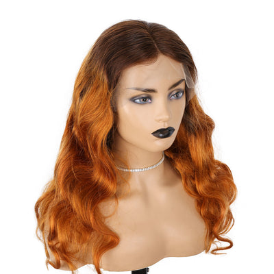 Ginger Hair with Dark Roots Wavy Human Hair Lace Front Wigs With Pre-Plucked Natural Hairline [CXW08]