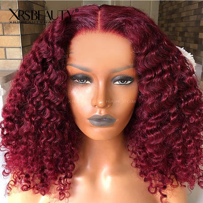 Burgundy 99J Tight Curly Lace Human Hair Wig Pre Plucked Natural Hairline [CFW45]