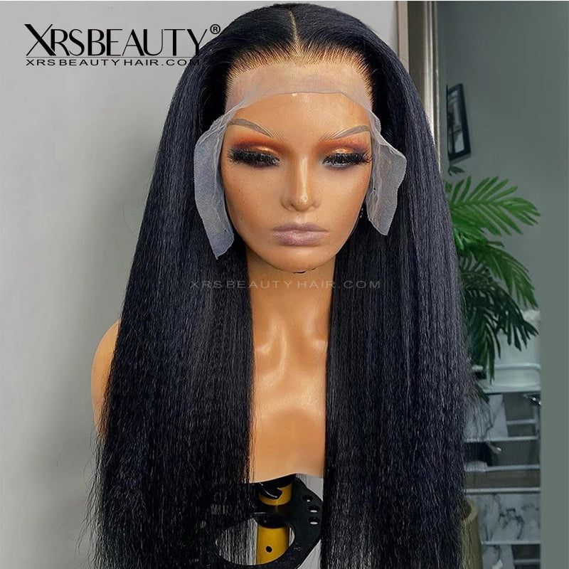 Layered Edge Yaki Straight 13x5 Lace Front Human Hair Wig With Baby Hair Coarse Long Virgin Hair Bleached Knots [LFW09]