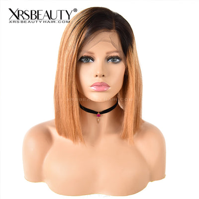 14'' Honey Blonde Ombre Human Hair Bob Lace Front Wig With Dark Roots [BOB12]