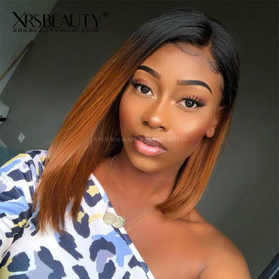 1B#30 Ombre Brown Straight Human Hair Lace Front Bob Wig Pre Plucked Hairline [BOB13]