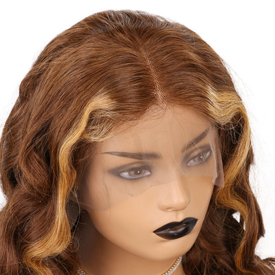 Chestnut Brown with Blonde Money Piece Highlights 13x4 Lace Front Wavy Wig [CXW35]