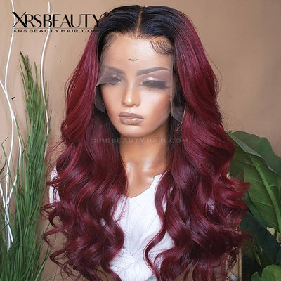 Burgundy Hair With Dark Roots Body Wave Front Lace Human Hair Wig [CFW13]