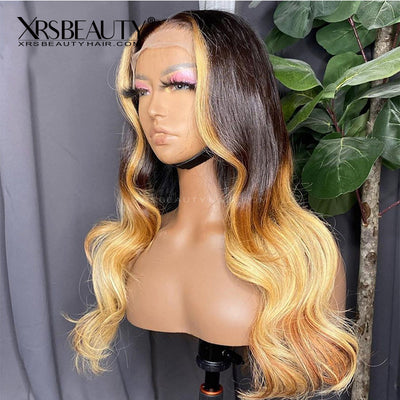 Yellow Orange Ombre Hair With Money Piece Highlights Body Wave Front Lace Human Hair Wig [CFW30]