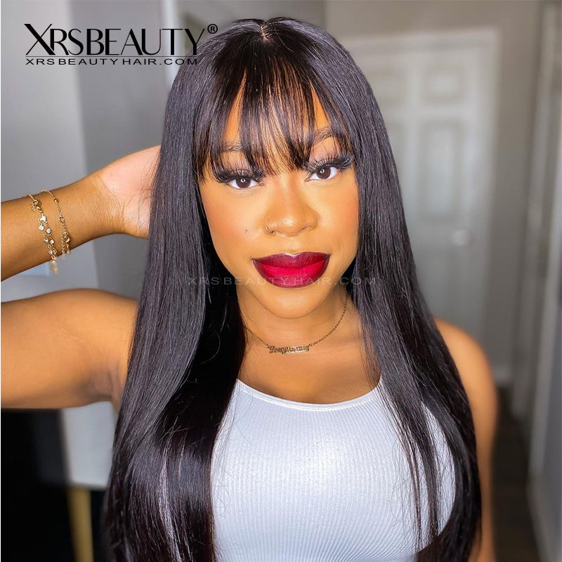 Amazon.com : REMY HAIR Black Wig with Bangs 20 Inch Long Straight 100%  Human Hair Wig Glueless None Lace Front Wigs Unprocessed Brazilian Virgin  Hair Wig with Bangs Natural Color : Beauty