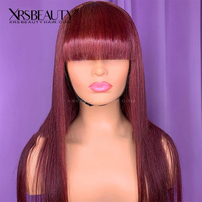 Burgundy Wig with Bangs Long Straight Human Hair 13x4 Lace Front Wig [CFW05]