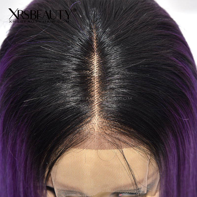 Straight Violet Human Hair Bob Wig With Dark Roots [BOB16]