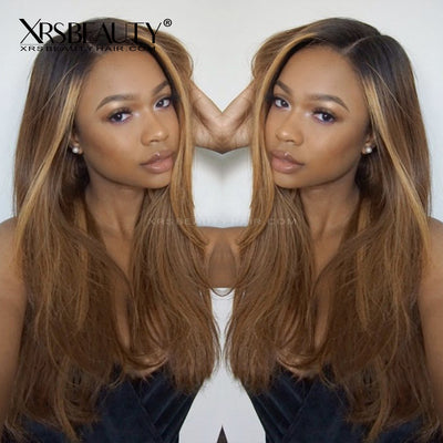 Straight Ombre Honey Brown Human Hair Lace Wig With Blonde Money Piece Highlights [CFW14]