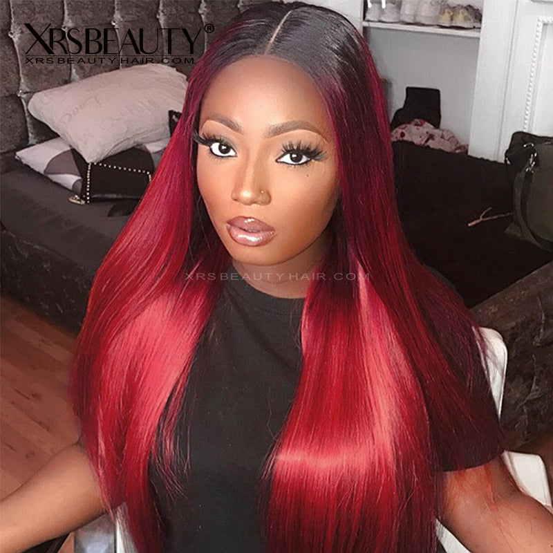 Black and Red Ombre Human Hair 13x4 Lace Front Straight Wig [CFW06]