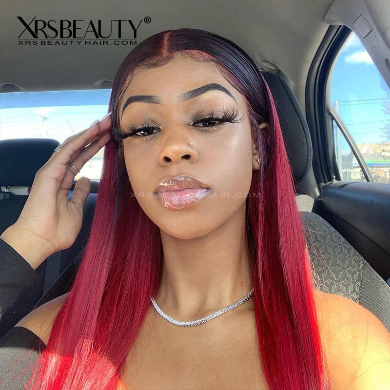 Black and Red Ombre Human Hair 13x4 Lace Front Straight Wig [CFW06]