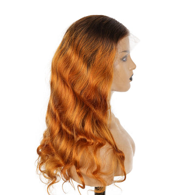 Ginger Hair with Dark Roots Wavy Human Hair Lace Front Wigs With Pre-Plucked Natural Hairline [CXW08]