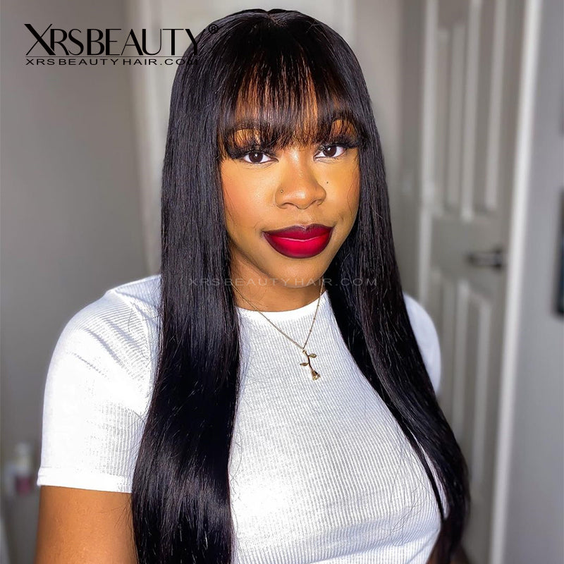 Lace Front Long Black Straight Wig with Bangs 100% Human Hair