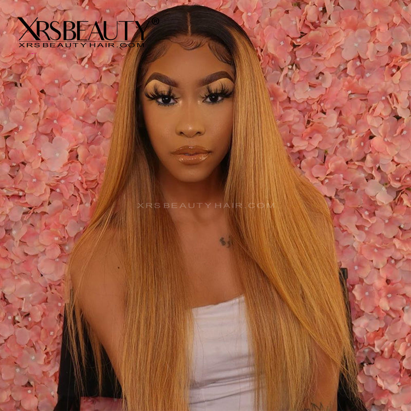 Ombre Honey Blonde Straight Front Lace Human Hair Wigs With Baby Hair Pre Plucked [CFW38]
