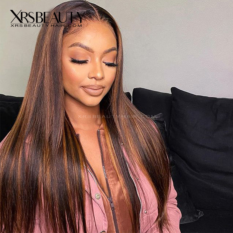 Brown Highlight Human Hair Lace Front Wig Silky Straight  display picture 1