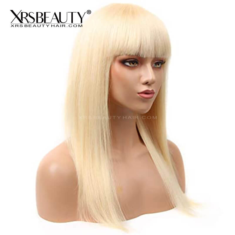 613 Blonde Wig with Bangs Long Straight Human Hair Lace Front Wig 150 density