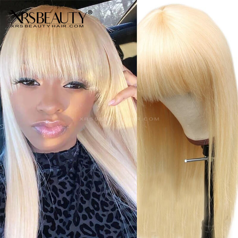 613 Blonde Wig With Bangs Long Straight Human Hair Lace Front Wig â€“ Xrs  Beauty Hair
