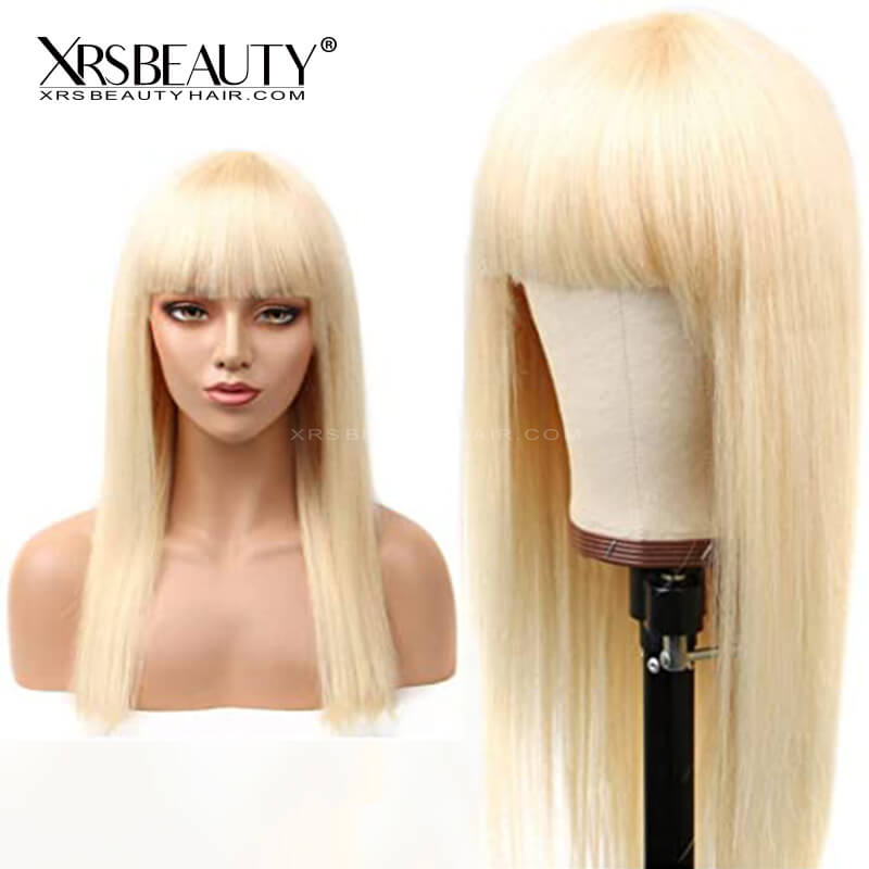 613 Blonde Wig with Blunt Bangs Long Straight Human Hair Lace Front Wig
