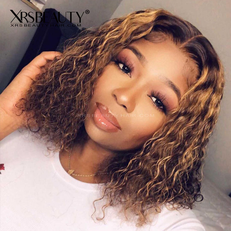 Blonde Highlight Curly Bob 13x4 lace front Pre Plucked Hairline Wig [BOB14]