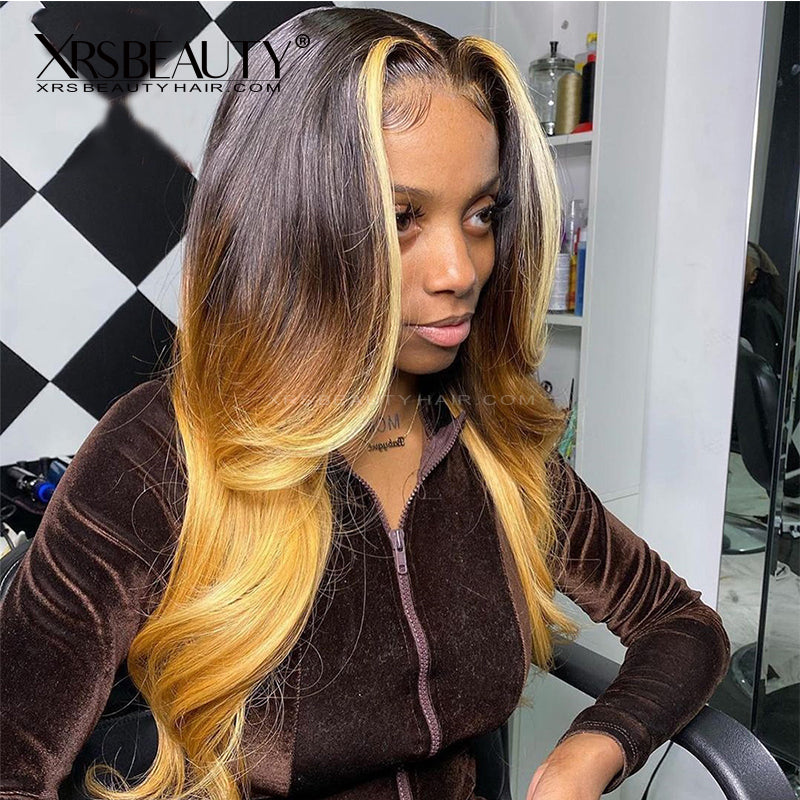 Yellow Orange Ombre Hair With Money Piece Highlights Body Wave Front Lace Human Hair Wig [CFW30]
