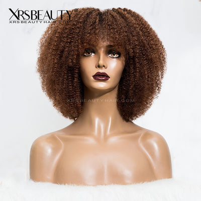 Caramel Brown Coily Bang Human Hair Lace Front Wigs [CFW82]