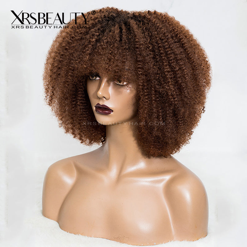 Caramel Brown Coily Bang Human Hair Lace Front Wigs [CFW82]