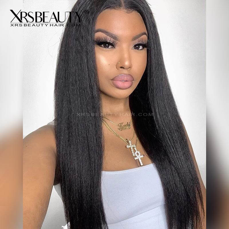 Clean Hairline Yaki Straight 13x5 Lace Front Human Hair Wig bleached knots