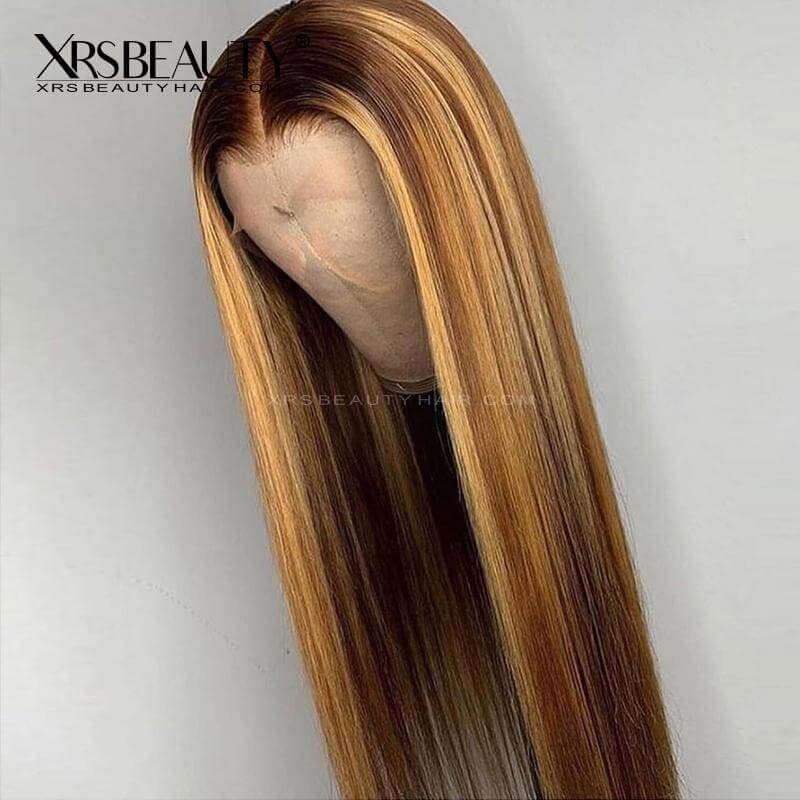 Honey blonde highlights wig silky straight human hair 13x4 front swiss lace wig