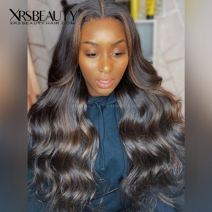 Long Body Wave Black Hair with Brown Highlights Lace Front  display picture 1