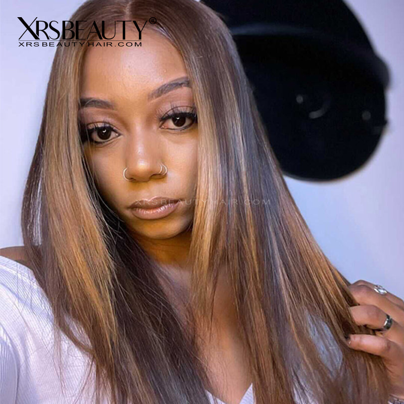 Long Layered Straight Light Brown with Blonde Highlights Lace Front Wigs [CFW56]