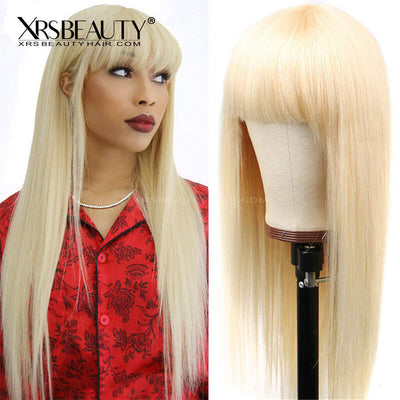 Long straight blonde wig with bangs human hair 13x4 lace front wig