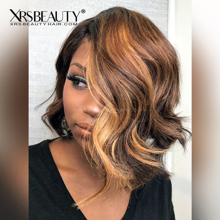 14'' Small Lace Front Brown Bronze Highlight 2024 Wavy Bob Synthetic Wig