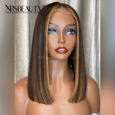 Shoulder Length Caramel Brown Lace Front Bob Wig with Blonde Highlights [BOB53]