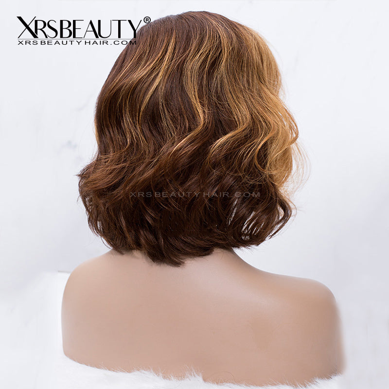 Side Part Medium Brown Wavy Bob Wig with Blonde Highlights [BOB45