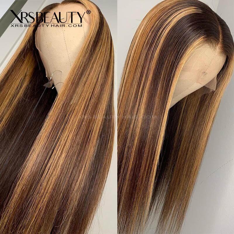 Silky Straight blonde highlight wig piano color human hair transparent lace front wig