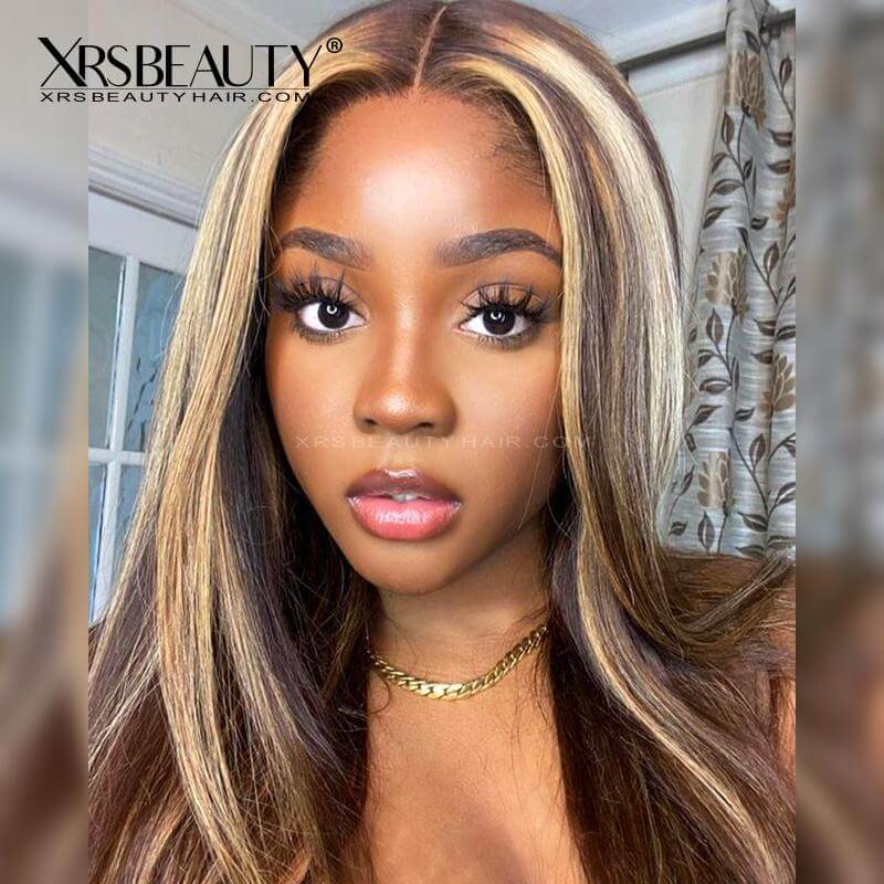 Silky straight human hair 13x4 lace front wig with blonde highlights pre-plucked hairline