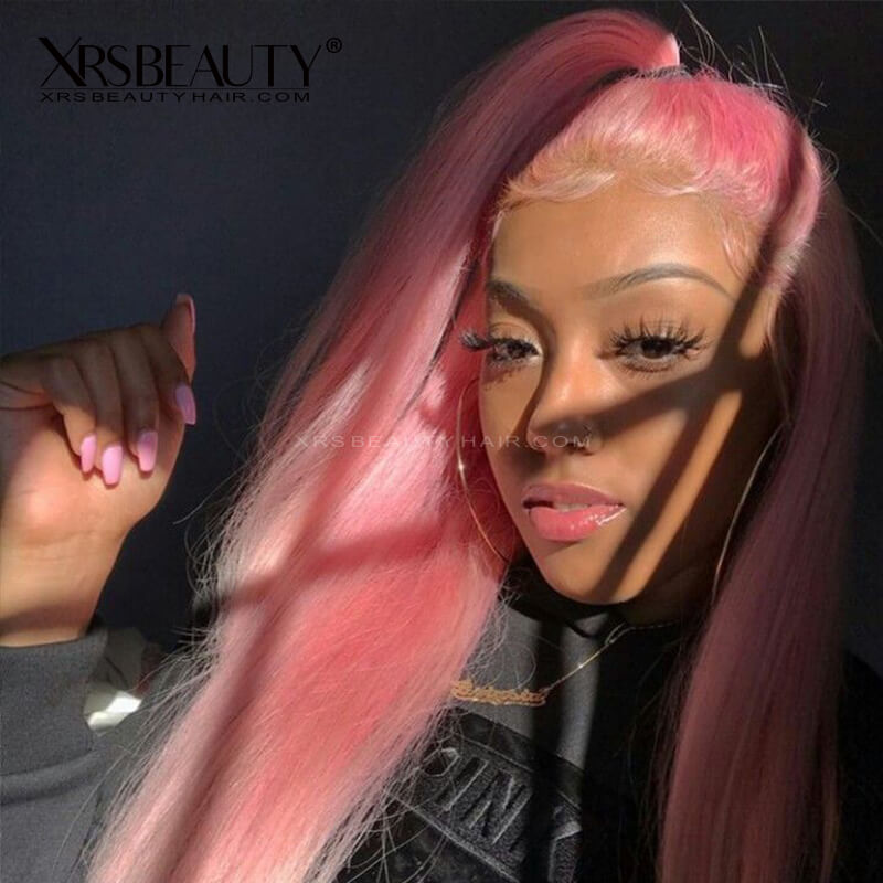 XRSBEAUTY 100% human hair straight pink lace front wig updo style