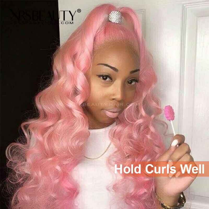 13X4 human hair lace front pink wig with curly updos