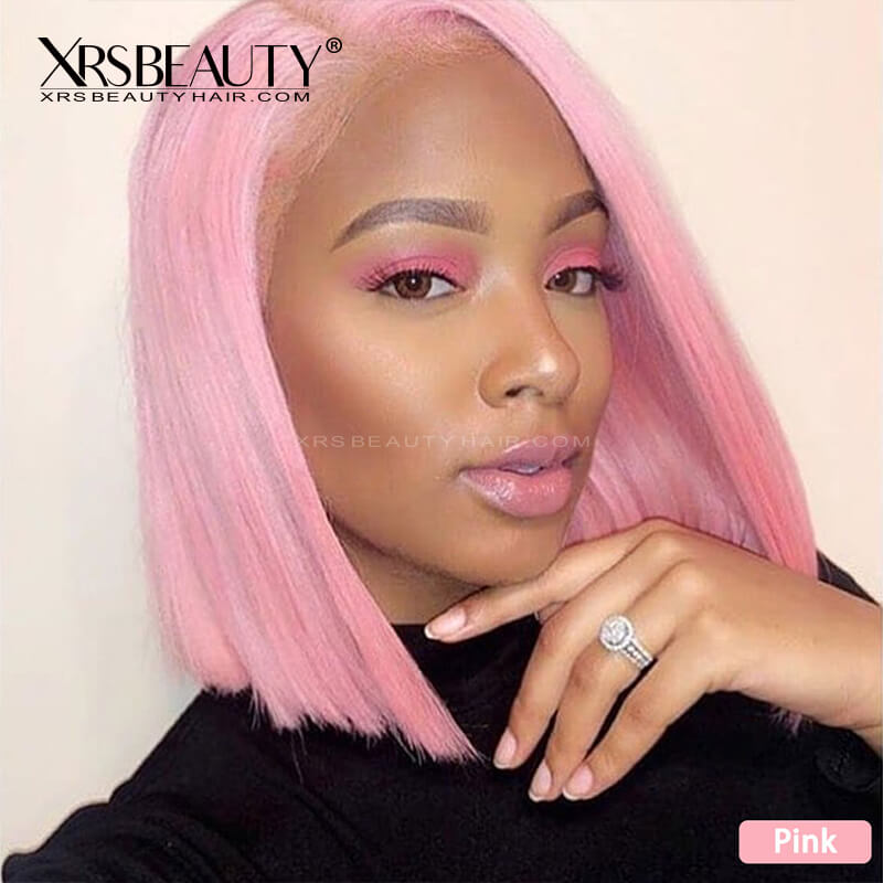 XRSbeauty 13x4 lace front straight pink bob wig 130 density