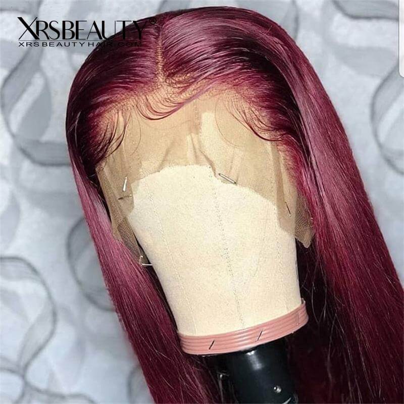 XRSbeauty 99J burgundy lace front wig straight human hair pre plucked hairline