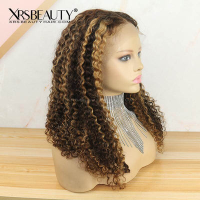 XRSbeauty Blonde Curly Wig #4 #27 Highlight Mix Color Human Hair Swiss Lace Front Wig pre bleached